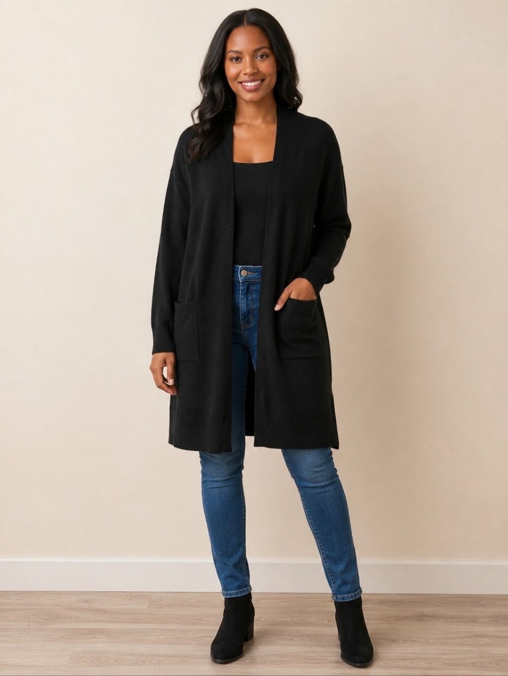 ❤️ BELLE FRANCE 100% CASHMERE LONG LINE CARDIGAN SWEATER, BLACK, LARGE